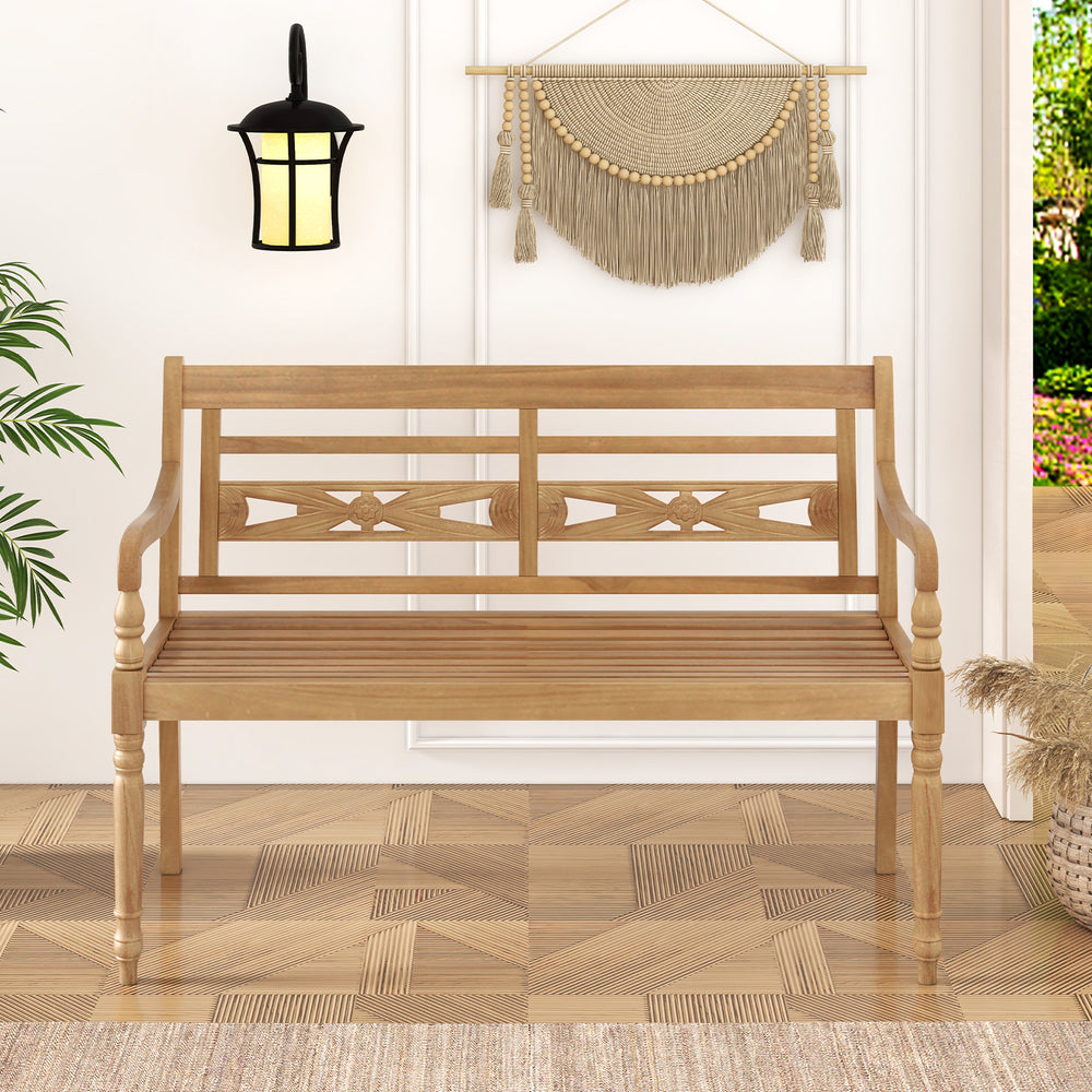 Indonesian teak wood for long-lasting service time<br>Spacious sitting area can comfortably seat up to 2 people<br>Supportive backrest and ergonomic design for unparalleled comfort<br>Curved armrests and curved seat contour to your body curves<br>Exceptio