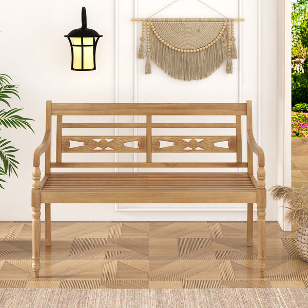 Indonesian teak wood for long-lasting service time<br>Spacious sitting area can comfortably seat up to 2 people<br>Supportive backrest and ergonomic design for unparalleled comfort<br>Curved armrests and curved seat contour to your body curves<br>Exceptio