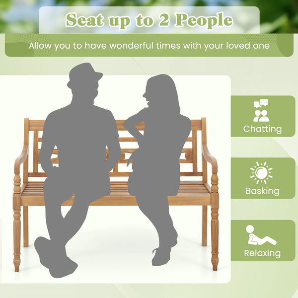 Indonesian teak wood for long-lasting service time<br>Spacious sitting area can comfortably seat up to 2 people<br>Supportive backrest and ergonomic design for unparalleled comfort<br>Curved armrests and curved seat contour to your body curves<br>Exceptio