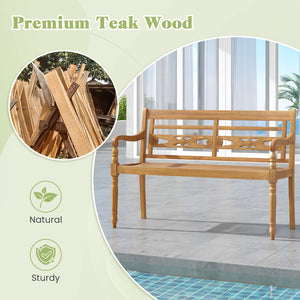 Indonesian teak wood for long-lasting service time<br>Spacious sitting area can comfortably seat up to 2 people<br>Supportive backrest and ergonomic design for unparalleled comfort<br>Curved armrests and curved seat contour to your body curves<br>Exceptio