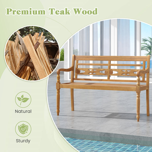 Indonesian teak wood for long-lasting service time<br>Spacious sitting area can comfortably seat up to 2 people<br>Supportive backrest and ergonomic design for unparalleled comfort<br>Curved armrests and curved seat contour to your body curves<br>Exceptio