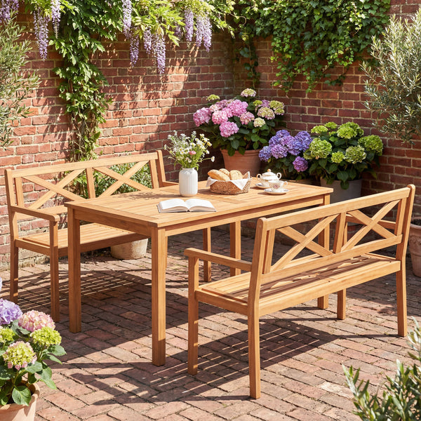 Solid acacia wood construction ensures lasting outdoor durability<br>Reinforced support bars improve stability and weight support<br>Ergonomic inclined backrest promotes relaxed and supportive sitting<br>Cozy armrests provide added comfort for extended lo