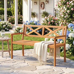 Solid acacia wood construction ensures lasting outdoor durability<br>Reinforced support bars improve stability and weight support<br>Ergonomic inclined backrest promotes relaxed and supportive sitting<br>Cozy armrests provide added comfort for extended lo