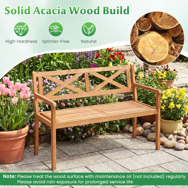 Solid acacia wood construction ensures lasting outdoor durability<br>Reinforced support bars improve stability and weight support<br>Ergonomic inclined backrest promotes relaxed and supportive sitting<br>Cozy armrests provide added comfort for extended lo