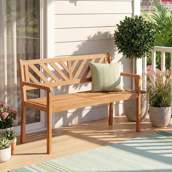 Solid acacia wood construction ensures lasting outdoor durability<br>Reinforced support bars improve stability and weight support<br>Ergonomic inclined backrest promotes relaxed and supportive sitting<br>Cozy armrests provide added comfort for extended lo