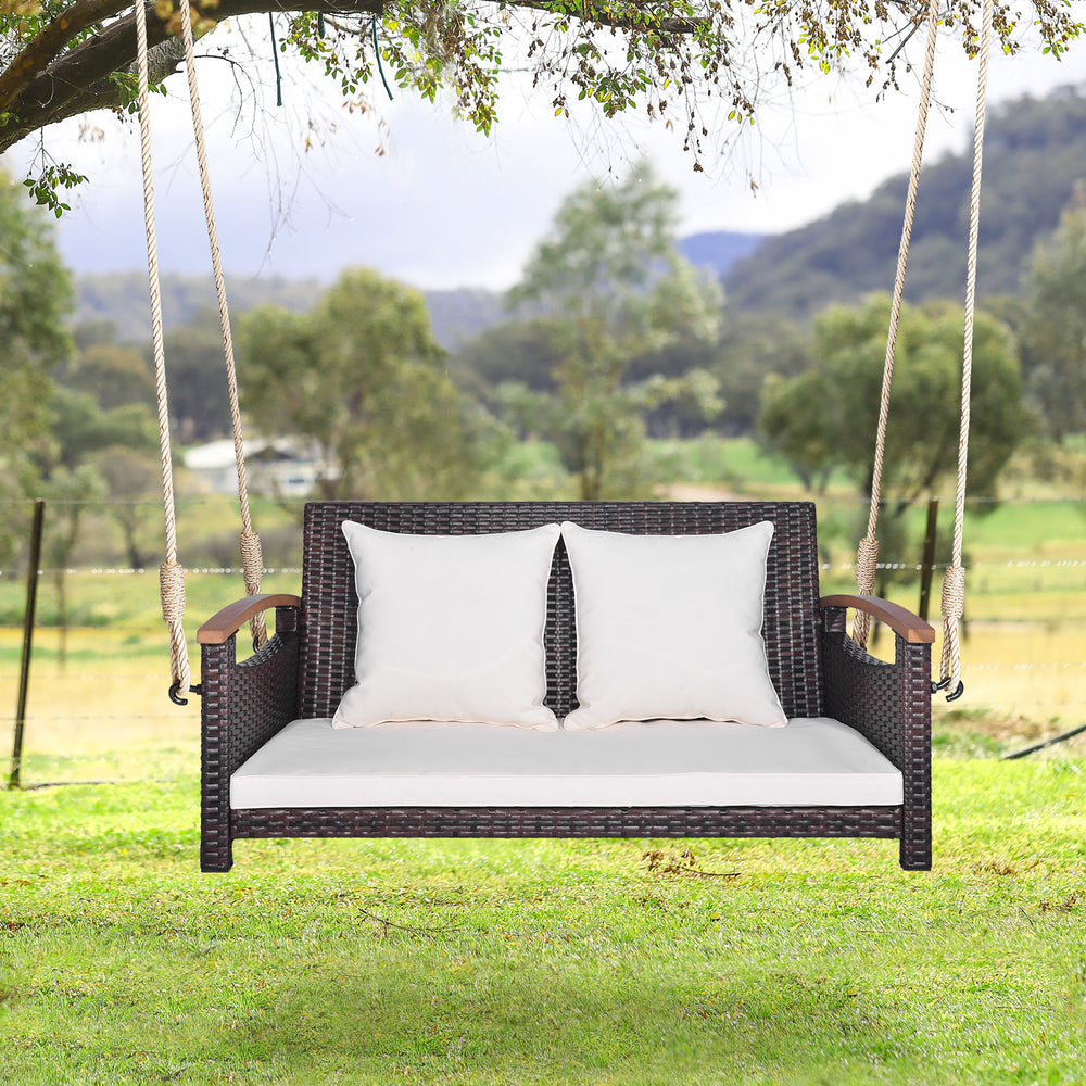 Spacious sitting area accommodates 2 people at the same time <br>Heavy-duty metal structure loads up to 800 lbs <br>Cozy seat and back cushion bring you endless comfort <br>Smooth zipper for easy maintenance of cushion cover <br>Swing safely with sturdy h