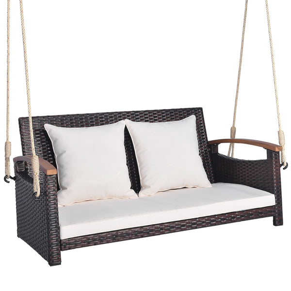 Spacious sitting area accommodates 2 people at the same time <br>Heavy-duty metal structure loads up to 800 lbs <br>Cozy seat and back cushion bring you endless comfort <br>Smooth zipper for easy maintenance of cushion cover <br>Swing safely with sturdy h