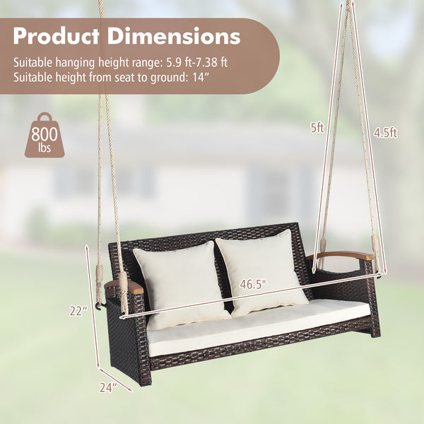 Spacious sitting area accommodates 2 people at the same time <br>Heavy-duty metal structure loads up to 800 lbs <br>Cozy seat and back cushion bring you endless comfort <br>Smooth zipper for easy maintenance of cushion cover <br>Swing safely with sturdy h