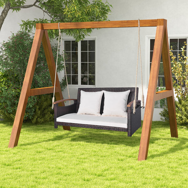 Spacious sitting area accommodates 2 people at the same time <br>Heavy-duty metal structure loads up to 800 lbs <br>Cozy seat and back cushion bring you endless comfort <br>Smooth zipper for easy maintenance of cushion cover <br>Swing safely with sturdy h