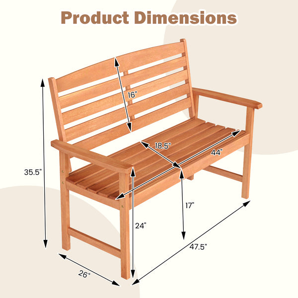 Solid wood construction for long-lasting use<br>Suitable for 2 people with a 530 lbs weight capacity<br>Curved seat ensures a better fit to your body curves<br>Slatted backrest and comfortable armrests for added comfort<br>Designed for stability thanks to