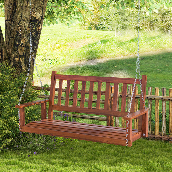 Premium solid wood material for superior durability and stability <br>Seats up to 2 persons and holds up to 500 lbs <br>Long metal chains and sturdy S-shaped hooks for safe swinging <br>Inclined backrest  curved seat and cozy armrests add comfort <br>Slat