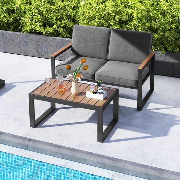 Supported by aluminum frame which is anti-rust  lightweight and sturdy<br>Loveseat can load up to 800 lbs<br>Adjustable footpads for higher stability<br>Comfortable to sit with inclined backrest and thickened cushions<br>Olefin cushion covers are cozier a