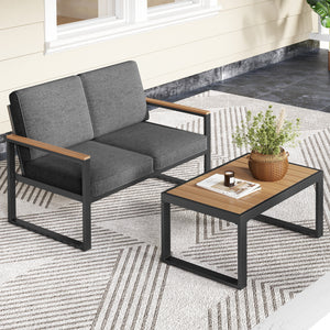 Supported by aluminum frame which is anti-rust  lightweight and sturdy<br>Loveseat can load up to 800 lbs<br>Adjustable footpads for higher stability<br>Comfortable to sit with inclined backrest and thickened cushions<br>Olefin cushion covers are cozier a