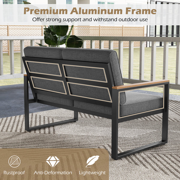 Supported by aluminum frame which is anti-rust  lightweight and sturdy<br>Loveseat can load up to 800 lbs<br>Adjustable footpads for higher stability<br>Comfortable to sit with inclined backrest and thickened cushions<br>Olefin cushion covers are cozier a