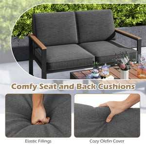 Supported by aluminum frame which is anti-rust  lightweight and sturdy<br>Loveseat can load up to 800 lbs<br>Adjustable footpads for higher stability<br>Comfortable to sit with inclined backrest and thickened cushions<br>Olefin cushion covers are cozier a