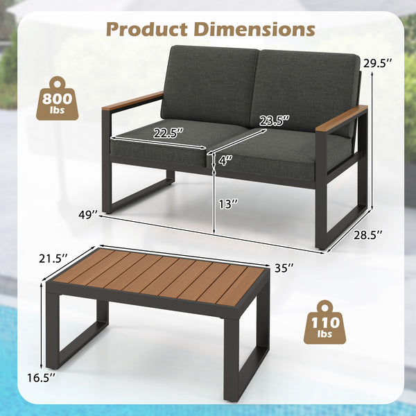 Supported by aluminum frame which is anti-rust  lightweight and sturdy<br>Loveseat can load up to 800 lbs<br>Adjustable footpads for higher stability<br>Comfortable to sit with inclined backrest and thickened cushions<br>Olefin cushion covers are cozier a