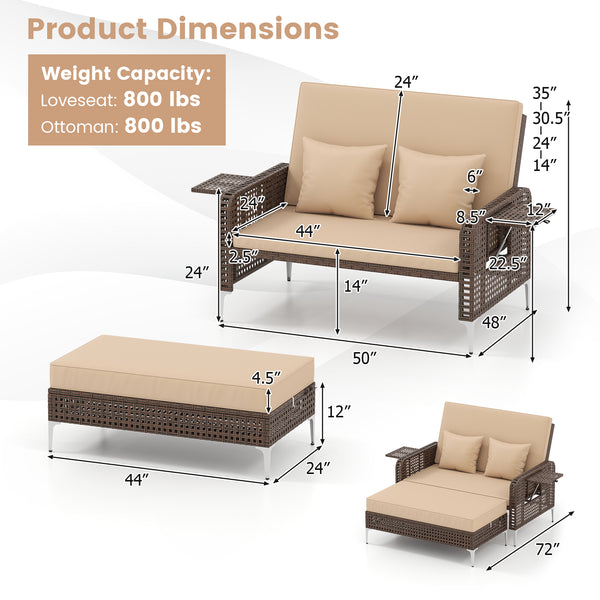 4-level adjustable backrest satisfies multiple relaxing demands<br>Heavy-duty metal frame with adjustable foot pads for strong support<br>Both the loveseat and ottoman can withstand 800 lbs heavy weight<br>Soft cushions and pillows for ultimate coziness<b