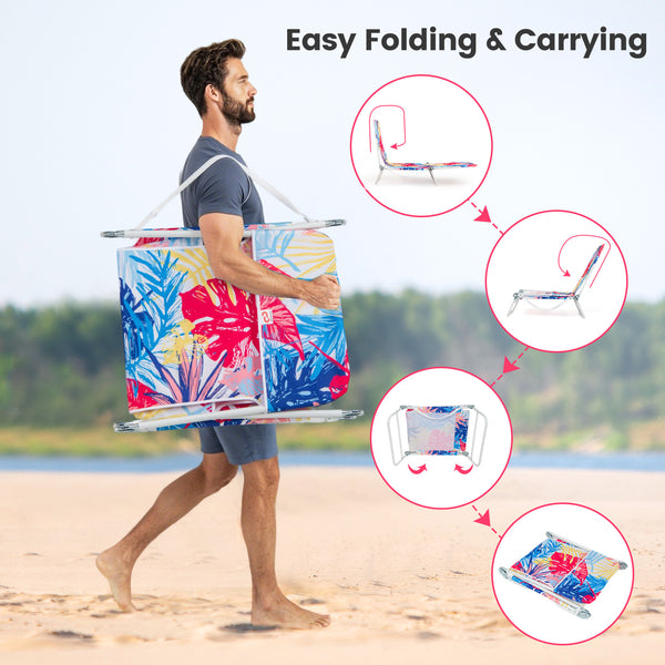 5-position adjustable backrest can offer personalized comfort for different activities<br>Anti-pinch ratchets allow for easy adjustment of the backrest<br>Foldable design ensures compact storage<br>Featuring convenient carrying strap for easy transportati