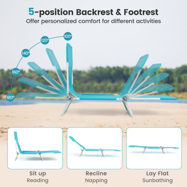 5-position adjustable backrest can offer personalized comfort for different activities<br>Anti-pinch ratchets allow for easy adjustment of the backrest<br>Foldable design ensures compact storage<br>Featuring convenient carrying strap for easy transportati