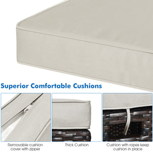 The sturdy and solid steel frame ensures sturdiness and durability<br>Premium and hand-woven rattan suitable for outdoor<br>Premium cushions for maximum comfort<br>The water-proof cushion cover is removable and washable<br>Fixed by ropes to prevent the cu