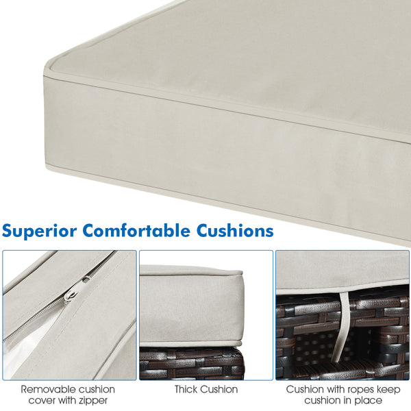 The sturdy and solid steel frame ensures sturdiness and durability<br>Premium and hand-woven rattan suitable for outdoor<br>Premium cushions for maximum comfort<br>The water-proof cushion cover is removable and washable<br>Fixed by ropes to prevent the cu