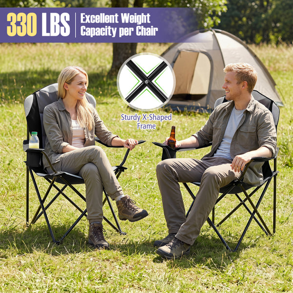 Perfect for gatherings with this 2-pack camping chair set<br>Offer support for the neck  shoulder  back  lumbar  arms and legs<br>600D Oxford fabric provides long-lasting and wear-resistant seating<br>Soft cotton filling ensures comfortable cushioning for