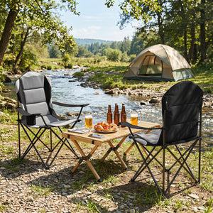 Perfect for gatherings with this 2-pack camping chair set<br>Offer support for the neck  shoulder  back  lumbar  arms and legs<br>600D Oxford fabric provides long-lasting and wear-resistant seating<br>Soft cotton filling ensures comfortable cushioning for