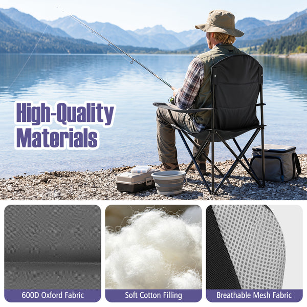 Perfect for gatherings with this 2-pack camping chair set<br>Offer support for the neck  shoulder  back  lumbar  arms and legs<br>600D Oxford fabric provides long-lasting and wear-resistant seating<br>Soft cotton filling ensures comfortable cushioning for