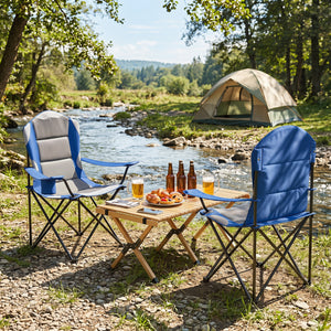 Perfect for gatherings with this 2-pack camping chair set<br>Offer support for the neck  shoulder  back  lumbar  arms and legs<br>600D Oxford fabric provides long-lasting and wear-resistant seating<br>Soft cotton filling ensures comfortable cushioning for