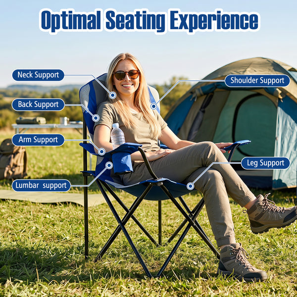 Perfect for gatherings with this 2-pack camping chair set<br>Offer support for the neck  shoulder  back  lumbar  arms and legs<br>600D Oxford fabric provides long-lasting and wear-resistant seating<br>Soft cotton filling ensures comfortable cushioning for