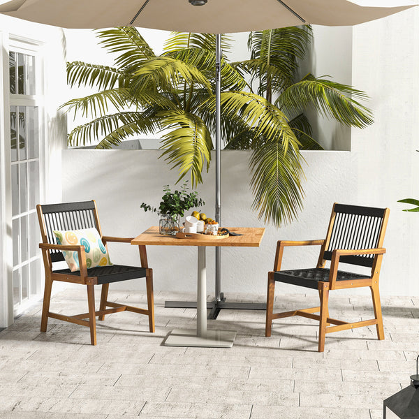 Hand-woven plastic ropes for better breathability and good supportability<br>Come with 360 lbs weight capacity for each chair thanks to solid acacia woods<br>Reinforced crossbars for additional stability<br>Create more seating areas with 19 inches deep se