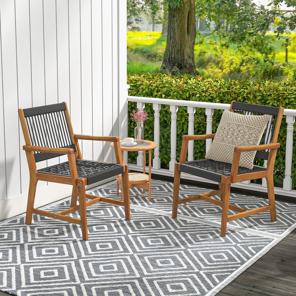 Hand-woven plastic ropes for better breathability and good supportability<br>Come with 360 lbs weight capacity for each chair thanks to solid acacia woods<br>Reinforced crossbars for additional stability<br>Create more seating areas with 19 inches deep se