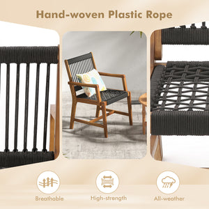 Hand-woven plastic ropes for better breathability and good supportability<br>Come with 360 lbs weight capacity for each chair thanks to solid acacia woods<br>Reinforced crossbars for additional stability<br>Create more seating areas with 19 inches deep se