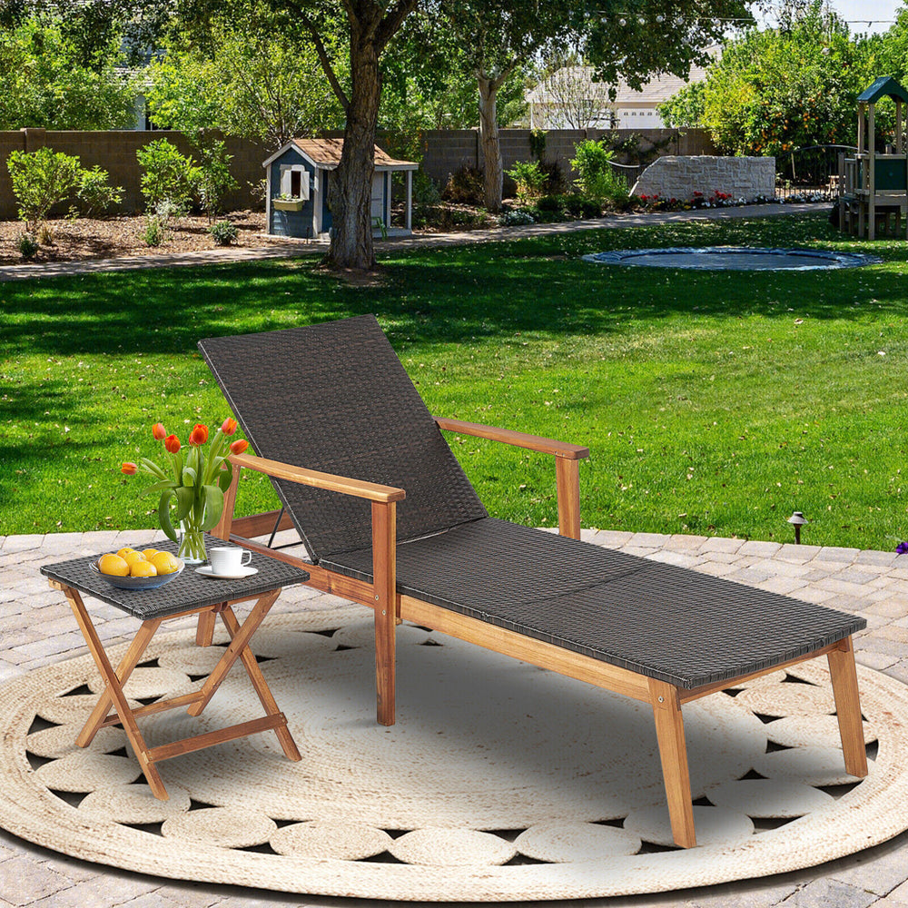 Solid acacia wood frame provides solid support for the whole body<br>Give stronger bearing capacity (800 lbs for the recliner and 88 lbs for the table)<br>Add additional stability with reinforced metal bars<br>Mix brown hand-woven PE wicker for sun protec