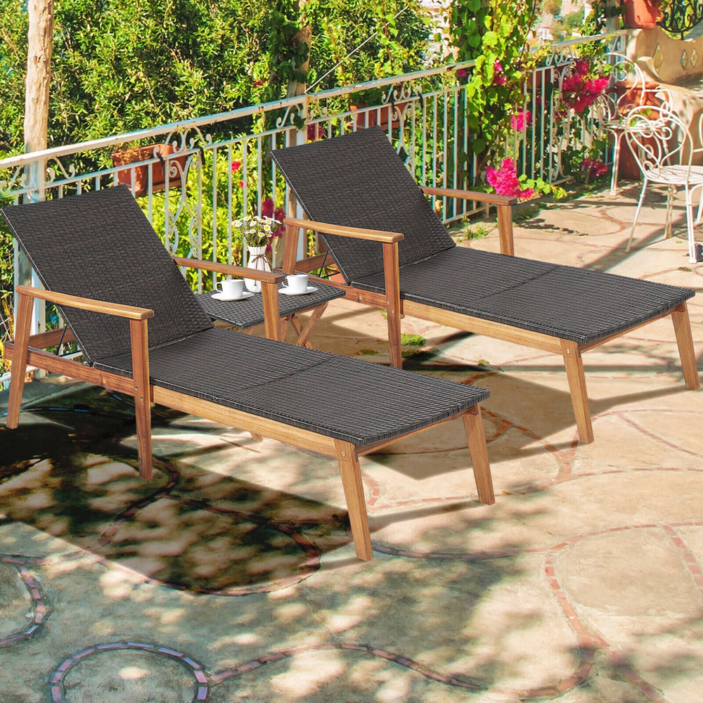 Solid acacia wood frame provides solid support for the whole body<br>Give stronger bearing capacity (800 lbs for the recliner and 88 lbs for the table)<br>Add additional stability with reinforced metal bars<br>Mix brown hand-woven PE wicker for sun protec