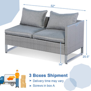 3 boxes shipment  delivery time may vary <br>Screws in box A for easy assemble <br>Make it perfect for outdoor use with colorfast PE wicker <br>Ensure strong stability with sturdy metal frame <br>Soft padded cushions for optimal comfort <br>Make the sofas