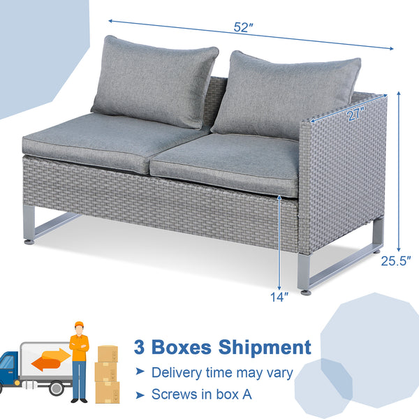 3 boxes shipment  delivery time may vary <br>Screws in box A for easy assemble <br>Make it perfect for outdoor use with colorfast PE wicker <br>Ensure strong stability with sturdy metal frame <br>Soft padded cushions for optimal comfort <br>Make the sofas