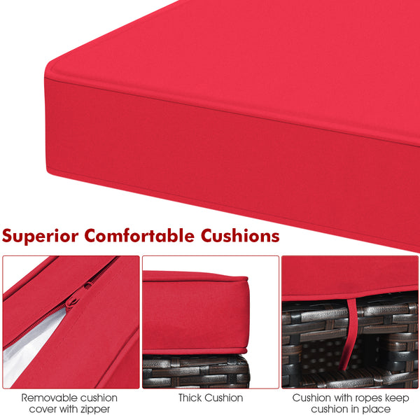 The sturdy and solid steel frame ensures sturdiness and durability<br>Premium and hand-woven rattan suitable for outdoor<br>Premium cushions for maximum comfort<br>The water-proof cushion cover is removable and washable<br>Fixed by ropes to prevent the cu