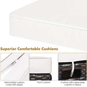 The sturdy and solid steel frame ensures sturdiness and durability<br>Premium and hand-woven rattan suitable for outdoor<br>Premium cushions for maximum comfort<br>The water-proof cushion cover is removable and washable<br>Fixed by ropes to prevent the cu