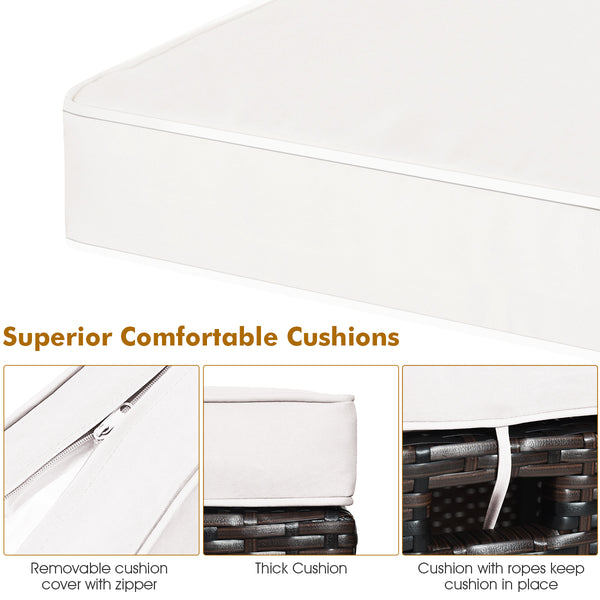 The sturdy and solid steel frame ensures sturdiness and durability<br>Premium and hand-woven rattan suitable for outdoor<br>Premium cushions for maximum comfort<br>The water-proof cushion cover is removable and washable<br>Fixed by ropes to prevent the cu