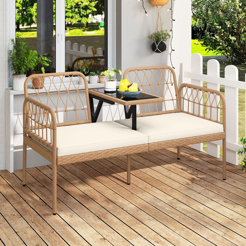 Hand-woven and sun-protective PE rattan for lasting use<br>High-elastic sponge-filled cushions add to overall comfort level<br>Hook and loop fasteners for keeping the cushions in place<br>Built-in tempered glass coffee table holds outdoor essentials<br>Sm