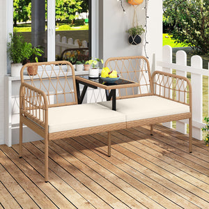 Hand-woven and sun-protective PE rattan for lasting use<br>High-elastic sponge-filled cushions add to overall comfort level<br>Hook and loop fasteners for keeping the cushions in place<br>Built-in tempered glass coffee table holds outdoor essentials<br>Sm
