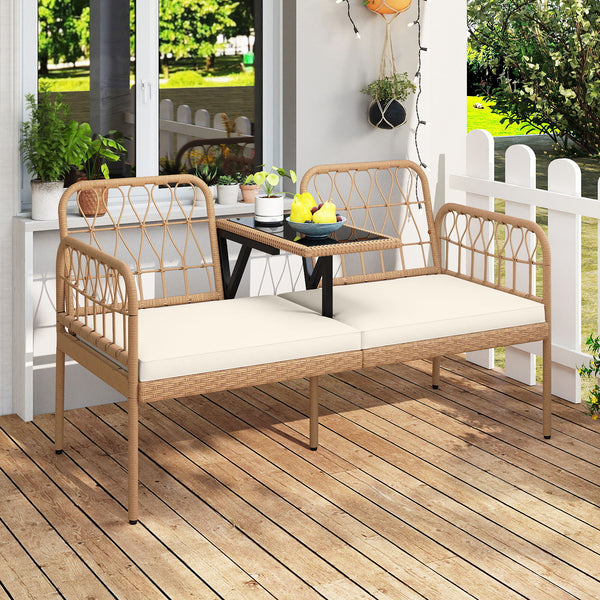 Hand-woven and sun-protective PE rattan for lasting use<br>High-elastic sponge-filled cushions add to overall comfort level<br>Hook and loop fasteners for keeping the cushions in place<br>Built-in tempered glass coffee table holds outdoor essentials<br>Sm