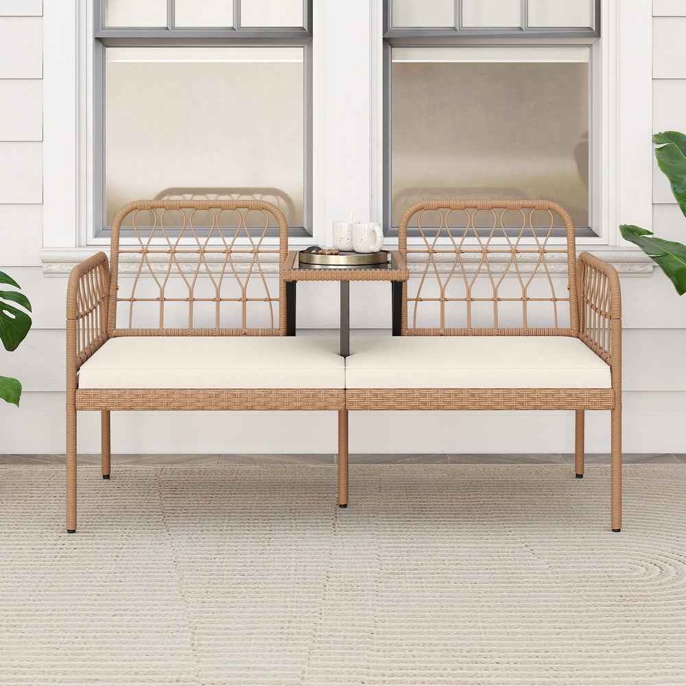 Hand-woven and sun-protective PE rattan for lasting use<br>High-elastic sponge-filled cushions add to overall comfort level<br>Hook and loop fasteners for keeping the cushions in place<br>Built-in tempered glass coffee table holds outdoor essentials<br>Sm