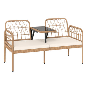 Hand-woven and sun-protective PE rattan for lasting use<br>High-elastic sponge-filled cushions add to overall comfort level<br>Hook and loop fasteners for keeping the cushions in place<br>Built-in tempered glass coffee table holds outdoor essentials<br>Sm