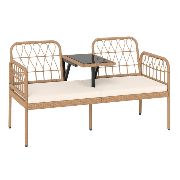 Hand-woven and sun-protective PE rattan for lasting use<br>High-elastic sponge-filled cushions add to overall comfort level<br>Hook and loop fasteners for keeping the cushions in place<br>Built-in tempered glass coffee table holds outdoor essentials<br>Sm