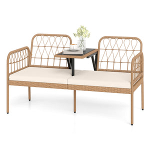 Hand-woven and sun-protective PE rattan for lasting use<br>High-elastic sponge-filled cushions add to overall comfort level<br>Hook and loop fasteners for keeping the cushions in place<br>Built-in tempered glass coffee table holds outdoor essentials<br>Sm