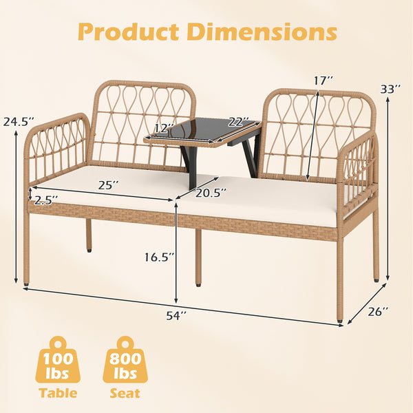 Hand-woven and sun-protective PE rattan for lasting use<br>High-elastic sponge-filled cushions add to overall comfort level<br>Hook and loop fasteners for keeping the cushions in place<br>Built-in tempered glass coffee table holds outdoor essentials<br>Sm