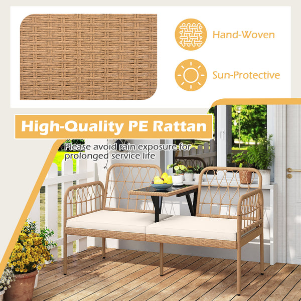Hand-woven and sun-protective PE rattan for lasting use<br>High-elastic sponge-filled cushions add to overall comfort level<br>Hook and loop fasteners for keeping the cushions in place<br>Built-in tempered glass coffee table holds outdoor essentials<br>Sm