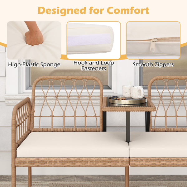 Hand-woven and sun-protective PE rattan for lasting use<br>High-elastic sponge-filled cushions add to overall comfort level<br>Hook and loop fasteners for keeping the cushions in place<br>Built-in tempered glass coffee table holds outdoor essentials<br>Sm